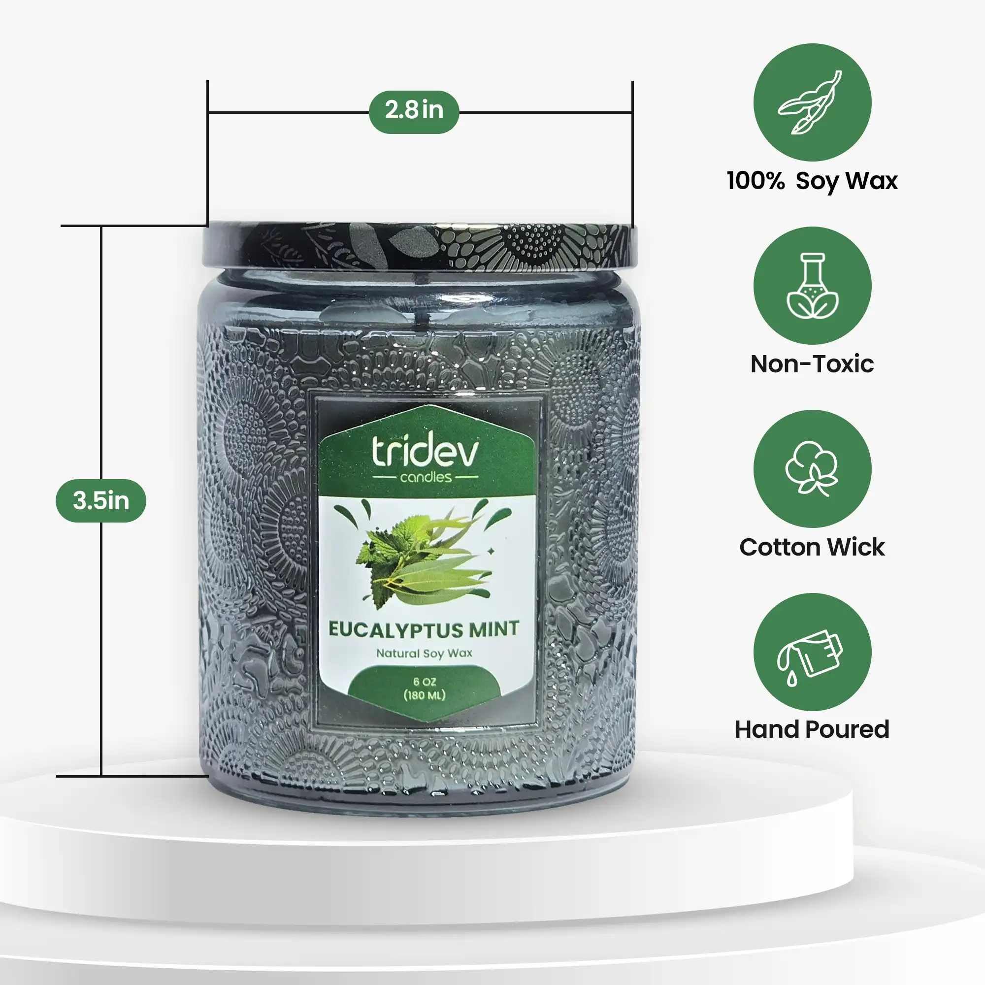Eucalyptus mint candle image from Tridev Candles featuring fresh herbal fragrance, handcrafted design, and cooling calming home ambiance experience.