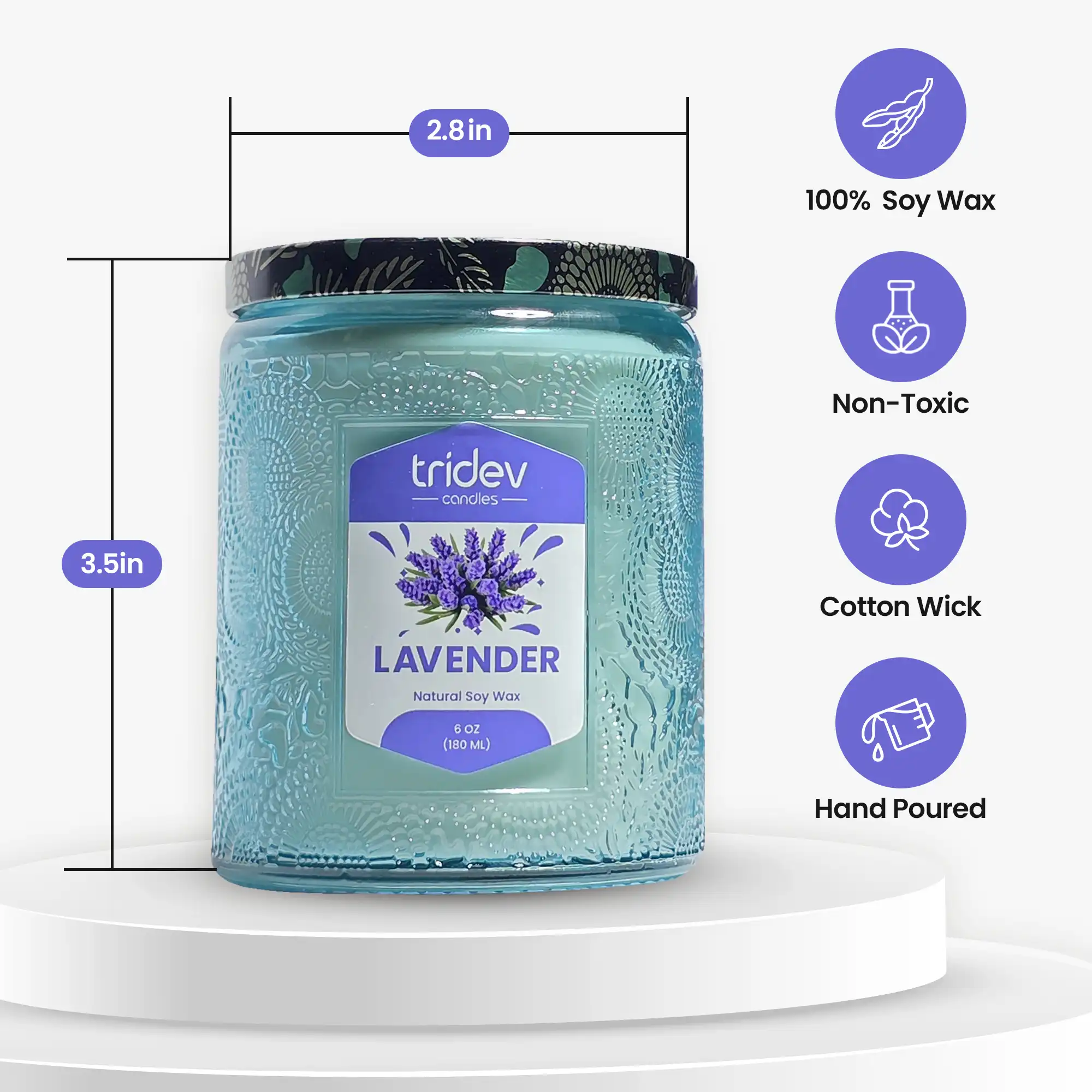 Lavender themed candle image from Tridev Candles showcasing soothing fragrance, natural floral essence, and calming home ambiance experience.