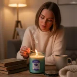 Lavender candle image from Tridev Candles representing calming floral fragrance, handcrafted quality, and peaceful natural home ambiance design.