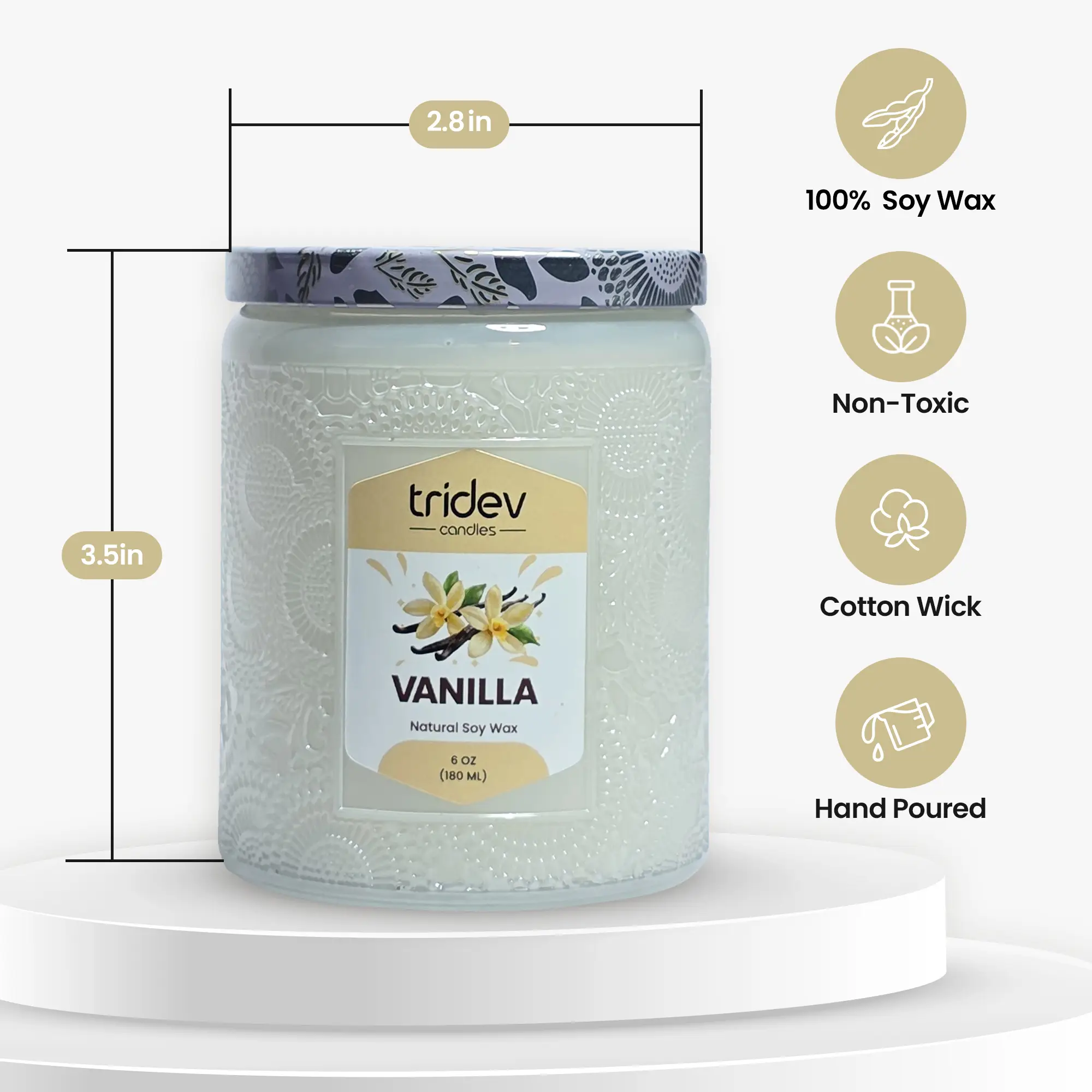 Vanilla candle image from Tridev Candles showcasing sweet comforting fragrance, handcrafted design, and warm cozy home ambiance experience.