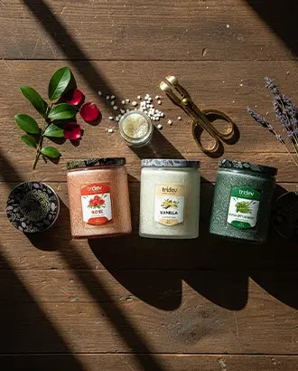 About Tridev Candles image representing brand story, handcrafted candle process, natural ingredients, and calming eco-friendly home fragrance lifestyle.