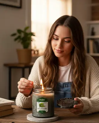 About Tridev Candles image showcasing brand essence, handcrafted candle artistry, natural ingredients, and eco-friendly soothing home fragrance experience.