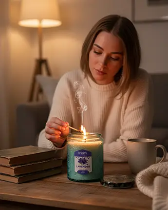 About Tridev Candles image showcasing brand journey, handcrafted candle making process, natural ingredients, and eco-friendly sustainable lifestyle values.